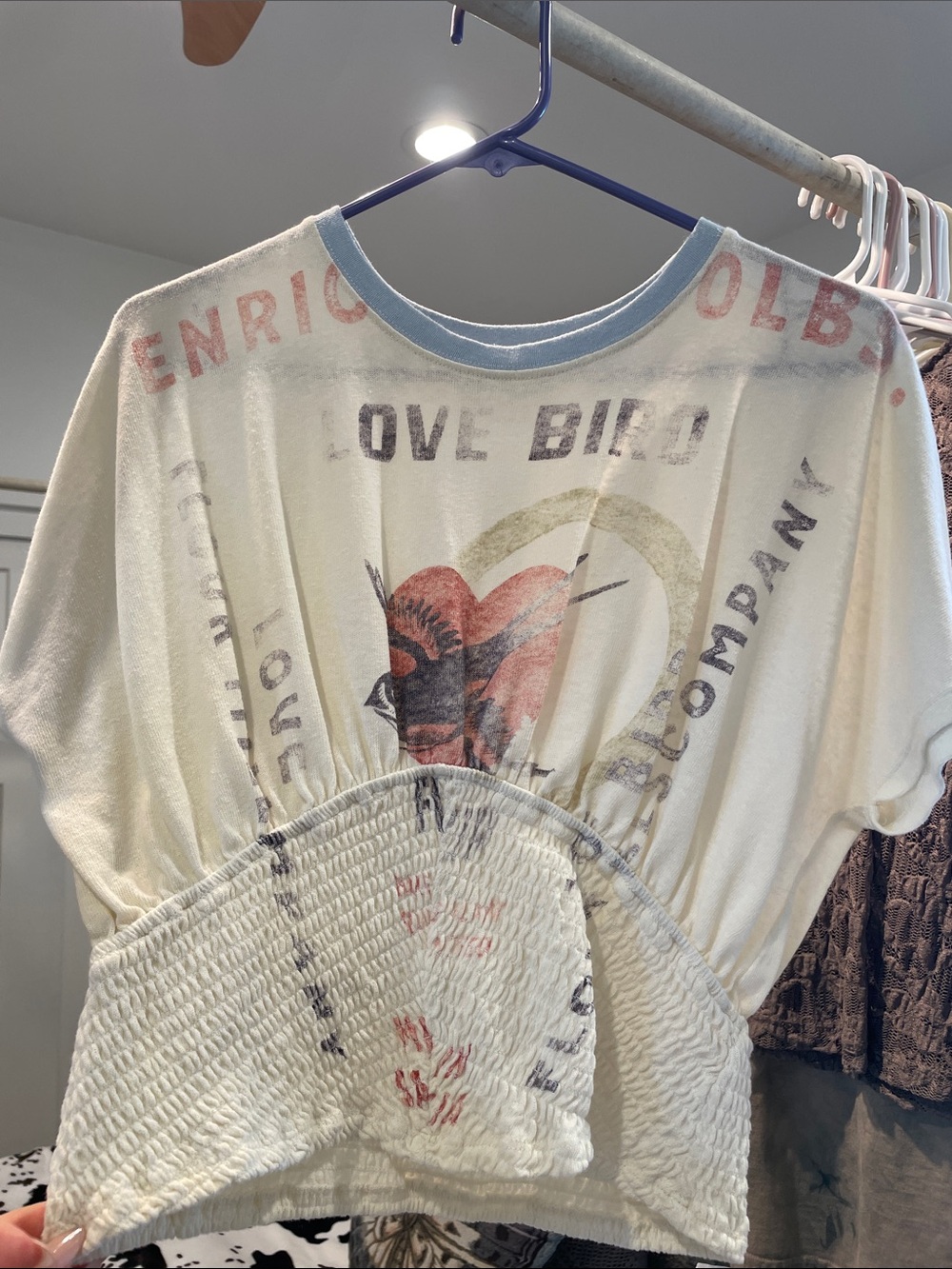 Free People Cream Short Sleeve "Love Bird" Graphic Top with Blue Trim